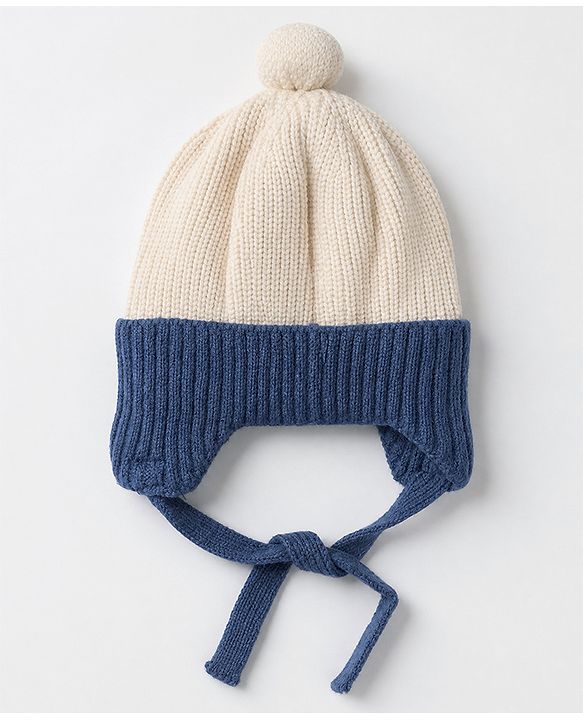 Babyhug Woollen Cap with Pom Pom & Knot Off White - Diameter 14.5 cm