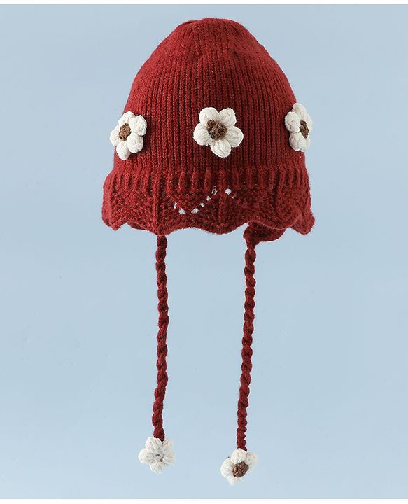 Babyhug Woollen Cap with Knot & Floral Applique Red - Diameter 22.5 cm