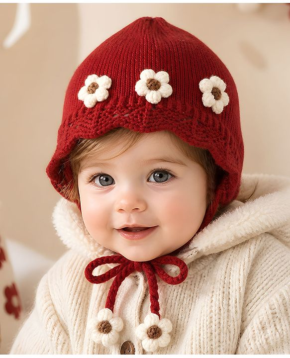 Babyhug Woollen Cap with Knot & Floral Applique Red - Diameter 22.5 cm