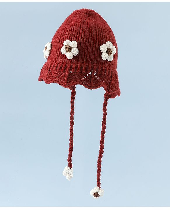 Babyhug Woollen Cap with Knot & Floral Applique Red - Diameter 22.5 cm