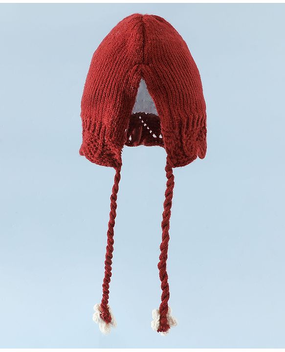 Babyhug Woollen Cap with Knot & Floral Applique Red - Diameter 22.5 cm