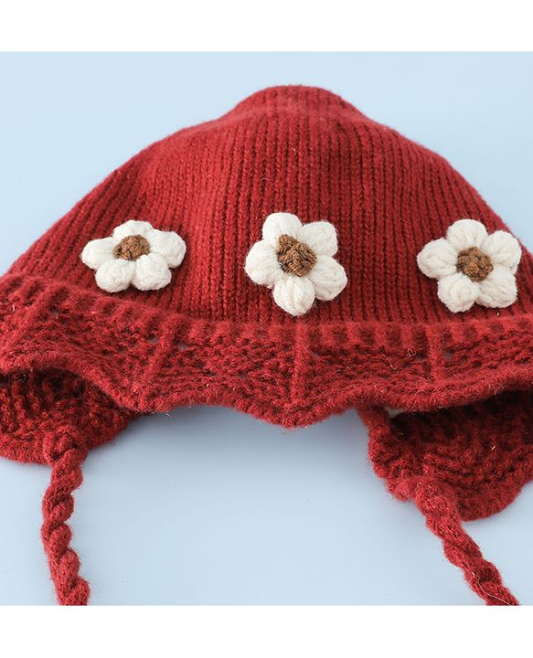 Babyhug Woollen Cap with Knot & Floral Applique Red - Diameter 22.5 cm