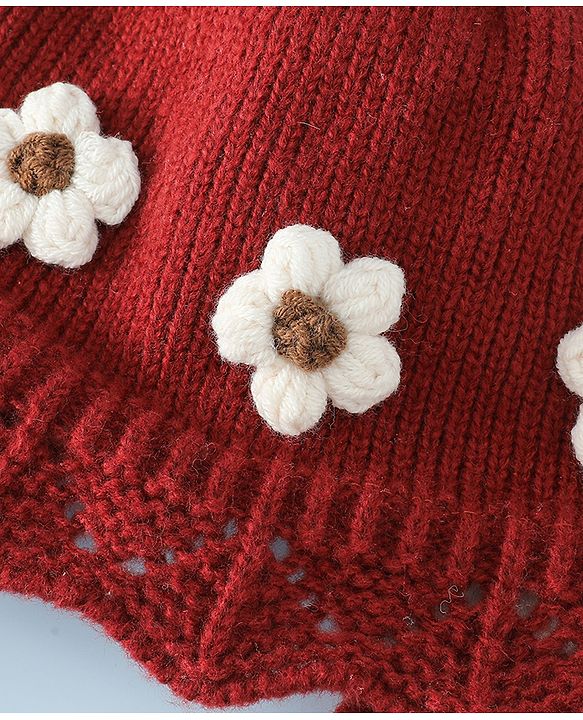 Babyhug Woollen Cap with Knot & Floral Applique Red - Diameter 22.5 cm