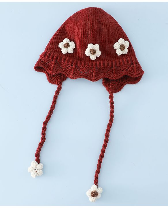 Babyhug Woollen Cap with Knot & Floral Applique Red - Diameter 22.5 cm