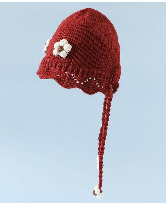 Babyhug Woollen Cap with Knot & Floral Applique Red - Diameter 22.5 cm