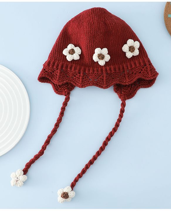 Babyhug Woollen Cap with Knot & Floral Applique Red - Diameter 22.5 cm