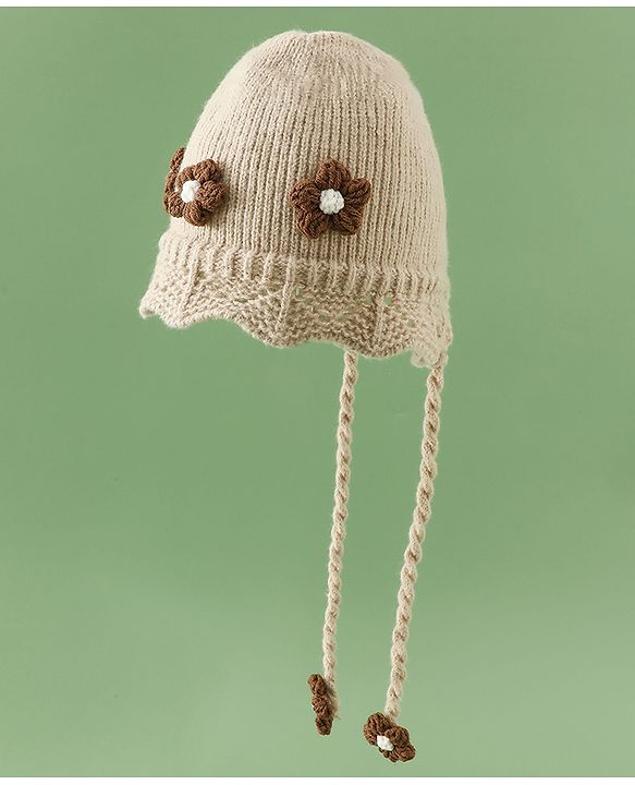 Babyhug Woollen Cap with Knot & Floral Applique Red - Diameter 22.5 cm