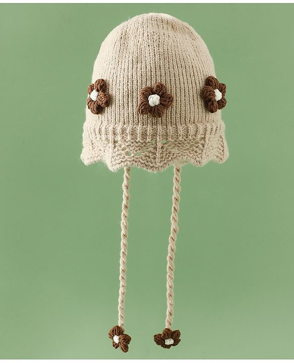 Babyhug Woollen Cap with Knot & Floral Applique Red - Diameter 22.5 cm