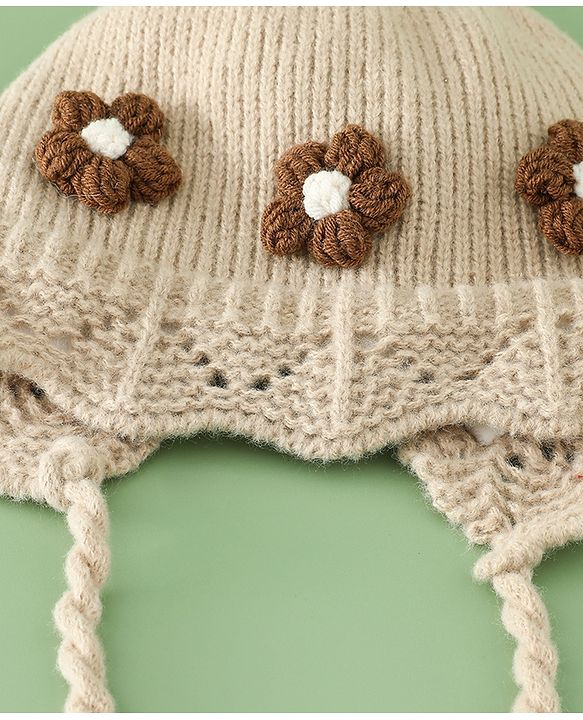 Babyhug Woollen Cap with Knot & Floral Applique Red - Diameter 22.5 cm
