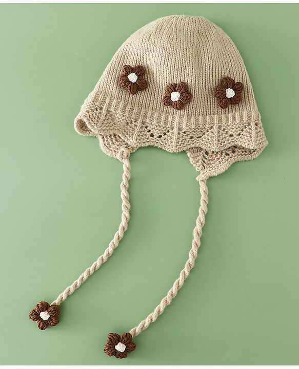 Babyhug Woollen Cap with Knot & Floral Applique Red - Diameter 22.5 cm
