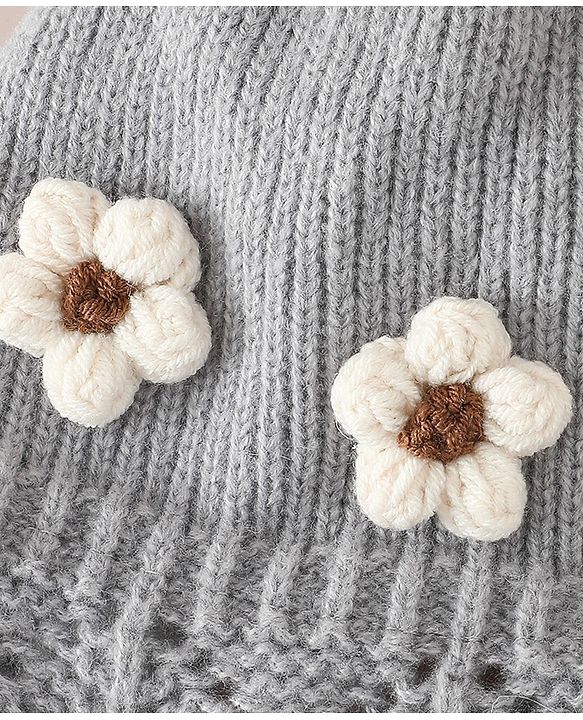 Babyhug Woollen Cap with Knot & Floral Applique Red - Diameter 22.5 cm