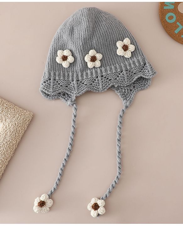 Babyhug Woollen Cap with Knot & Floral Applique Red - Diameter 22.5 cm
