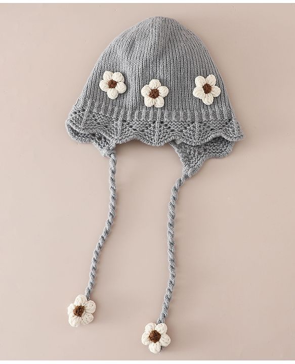 Babyhug Woollen Cap with Knot & Floral Applique Red - Diameter 22.5 cm