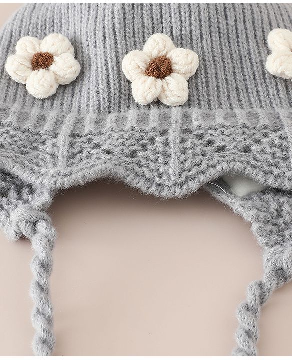 Babyhug Woollen Cap with Knot & Floral Applique Red - Diameter 22.5 cm