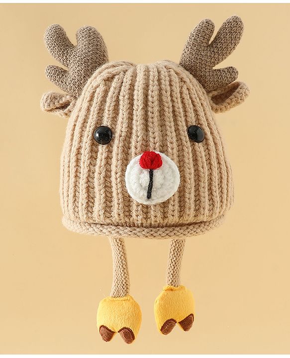 Babyhug Woollen Cap with Knot & Reindeer Applique Beige - Diameter 18 cm