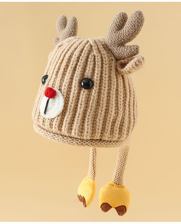 Babyhug Woollen Cap with Knot & Reindeer Applique Beige - Diameter 18 cm