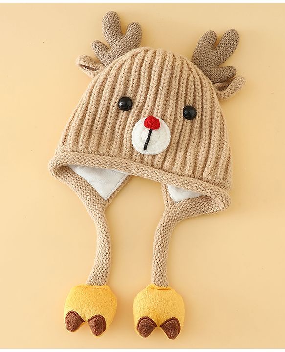 Babyhug Woollen Cap with Knot & Reindeer Applique Beige - Diameter 18 cm