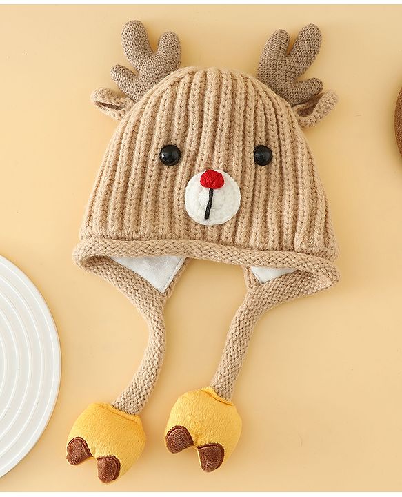 Babyhug Woollen Cap with Knot & Reindeer Applique Beige - Diameter 18 cm