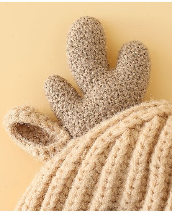 Babyhug Woollen Cap with Knot & Reindeer Applique Beige - Diameter 18 cm