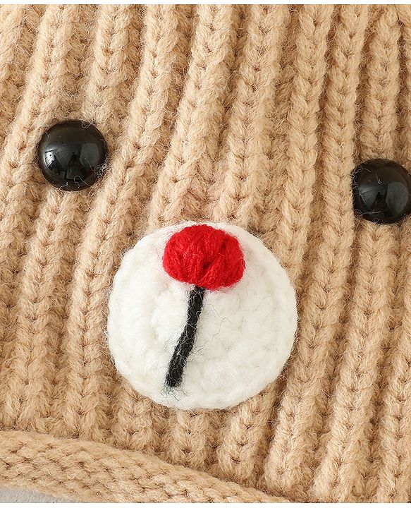 Babyhug Woollen Cap with Knot & Reindeer Applique Beige - Diameter 18 cm