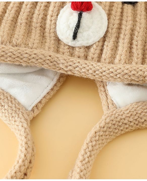 Babyhug Woollen Cap with Knot & Reindeer Applique Beige - Diameter 18 cm