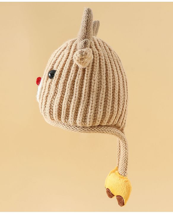 Babyhug Woollen Cap with Knot & Reindeer Applique Beige - Diameter 18 cm