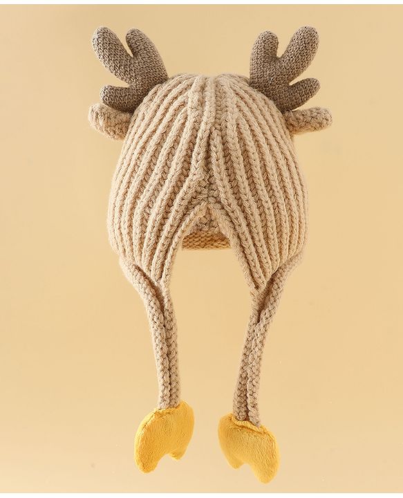 Babyhug Woollen Cap with Knot & Reindeer Applique Beige - Diameter 18 cm
