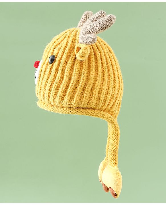 Babyhug Woollen Cap with Knot & Reindeer Applique Beige - Diameter 18 cm