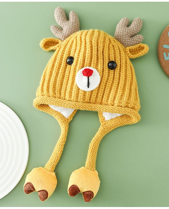 Babyhug Woollen Cap with Knot & Reindeer Applique Beige - Diameter 18 cm