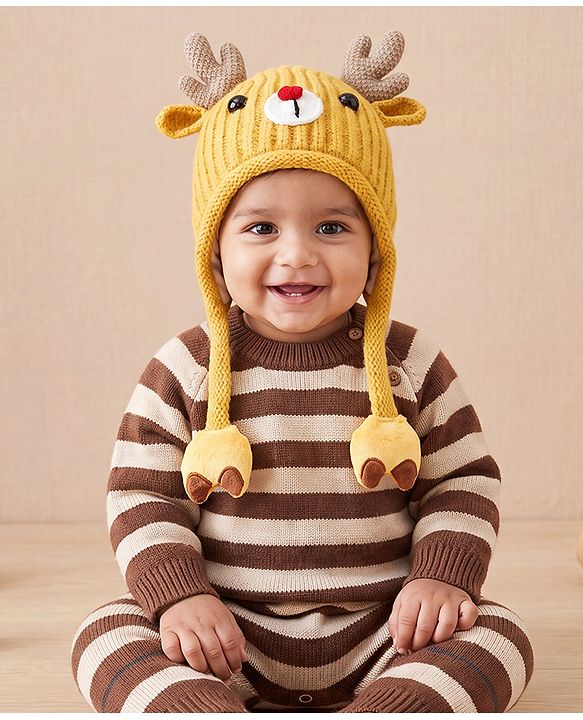 Babyhug Woollen Cap with Knot & Reindeer Applique Beige - Diameter 18 cm