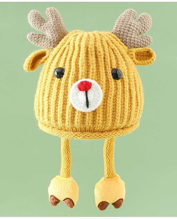 Babyhug Woollen Cap with Knot & Reindeer Applique Beige - Diameter 18 cm