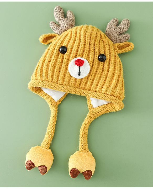 Babyhug Woollen Cap with Knot & Reindeer Applique Beige - Diameter 18 cm