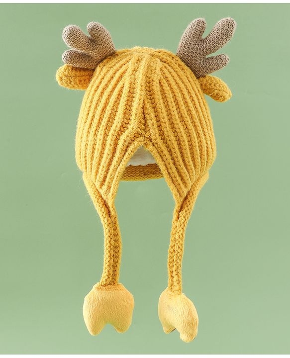 Babyhug Woollen Cap with Knot & Reindeer Applique Beige - Diameter 18 cm