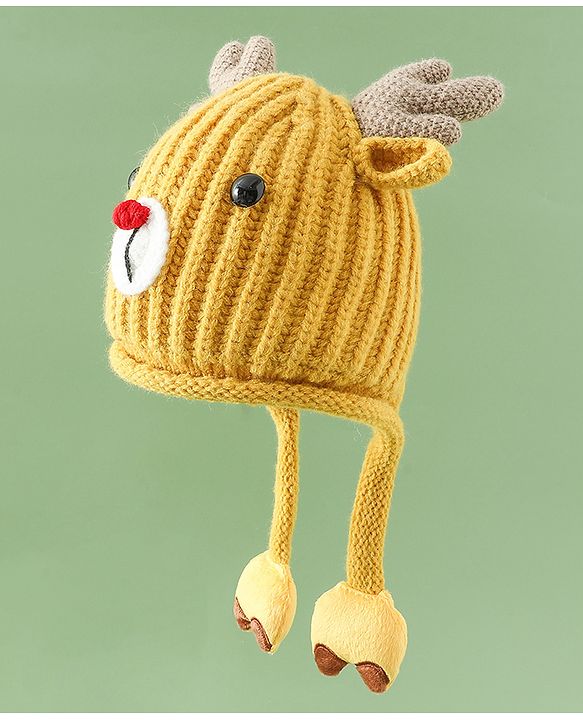 Babyhug Woollen Cap with Knot & Reindeer Applique Beige - Diameter 18 cm