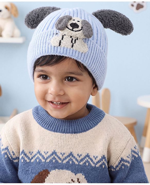 Babyhug Woollen Cap with Ear and Kitten Applique Light Blue - Diameter 19.5 cm