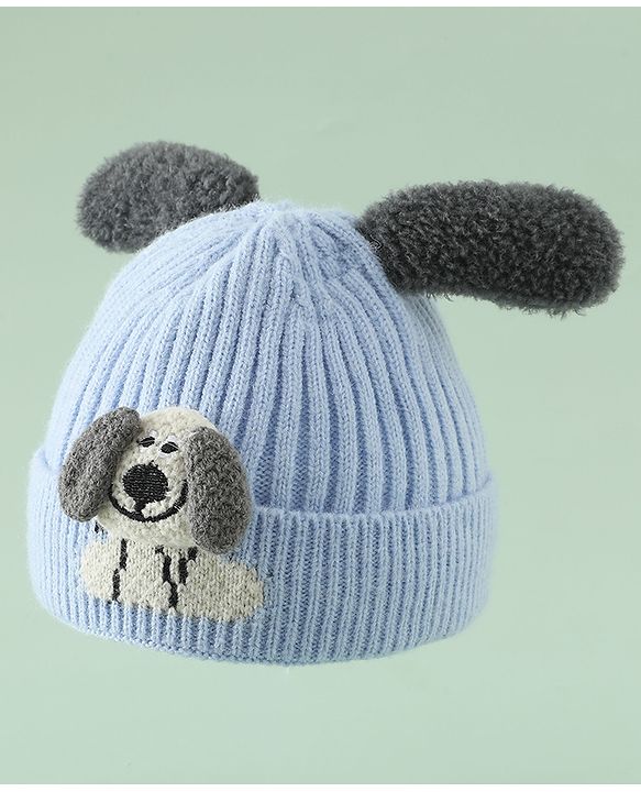 Babyhug Woollen Cap with Ear and Kitten Applique Light Blue - Diameter 19.5 cm
