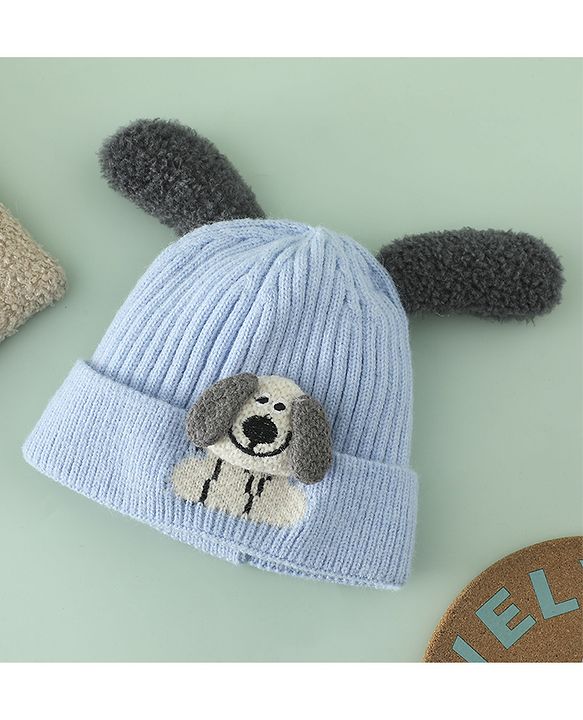 Babyhug Woollen Cap with Ear and Kitten Applique Light Blue - Diameter 19.5 cm