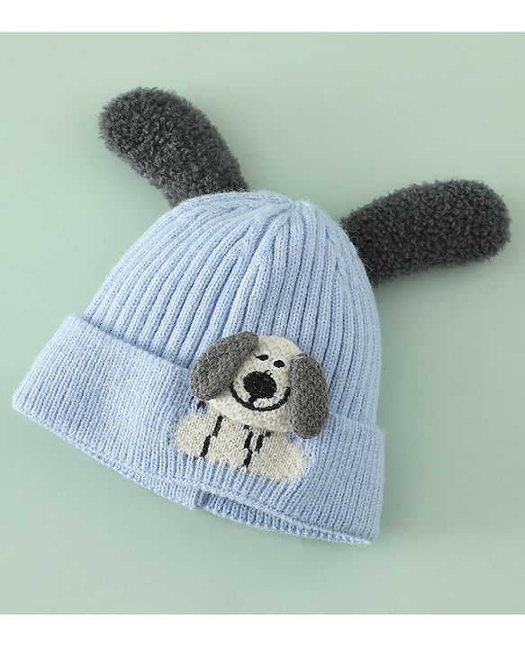 Babyhug Woollen Cap with Ear and Kitten Applique Light Blue - Diameter 19.5 cm