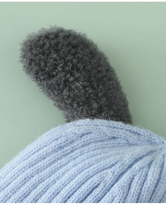 Babyhug Woollen Cap with Ear and Kitten Applique Light Blue - Diameter 19.5 cm