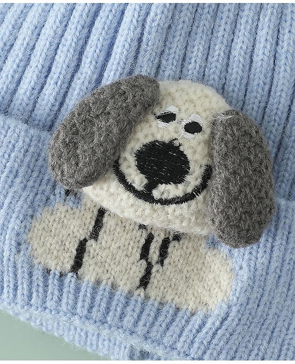 Babyhug Woollen Cap with Ear and Kitten Applique Light Blue - Diameter 19.5 cm