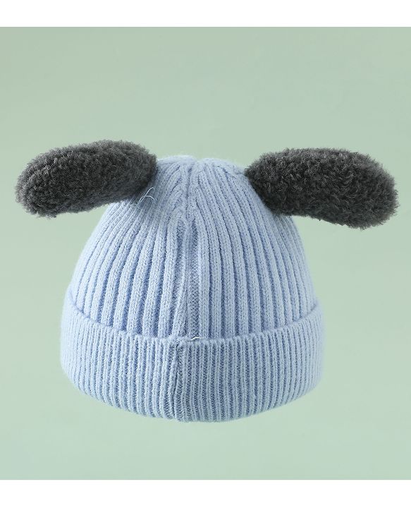 Babyhug Woollen Cap with Ear and Kitten Applique Light Blue - Diameter 19.5 cm