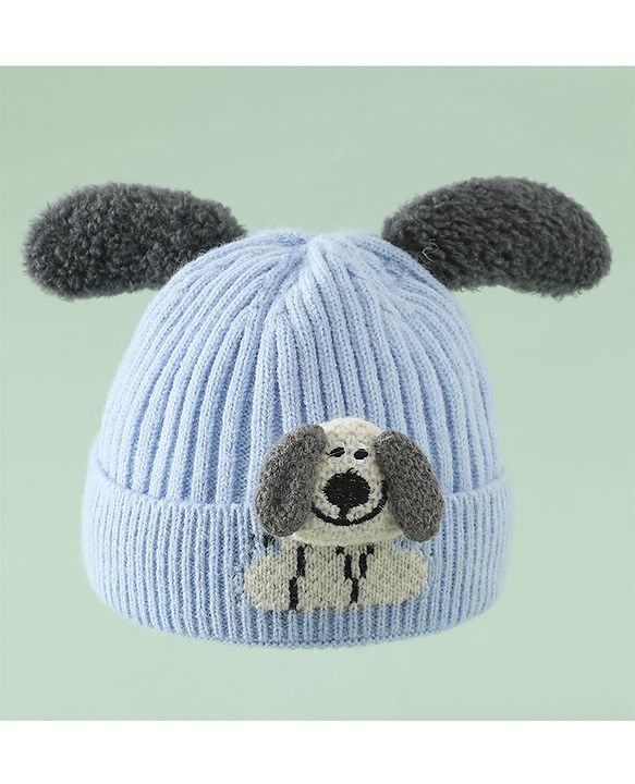 Babyhug Woollen Cap with Ear and Kitten Applique Light Blue - Diameter 19.5 cm