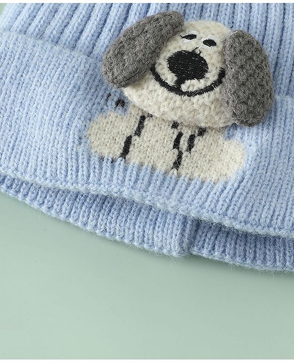 Babyhug Woollen Cap with Ear and Kitten Applique Light Blue - Diameter 19.5 cm
