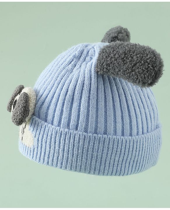 Babyhug Woollen Cap with Ear and Kitten Applique Light Blue - Diameter 19.5 cm