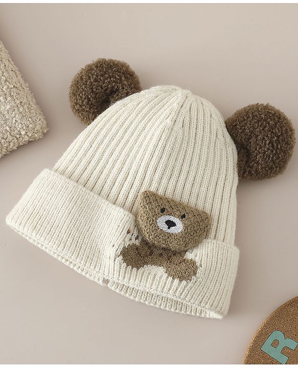 Babyhug Woollen Cap with Ear and Kitten Applique Light Blue - Diameter 19.5 cm