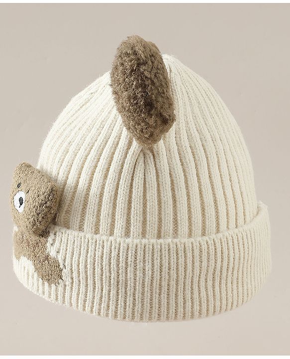 Babyhug Woollen Cap with Ear and Kitten Applique Light Blue - Diameter 19.5 cm