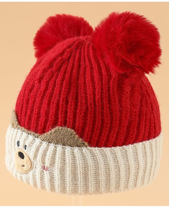 Babyhug Woollen Pom Pom Cap With Puppy Design Red - Diameter 11 cm