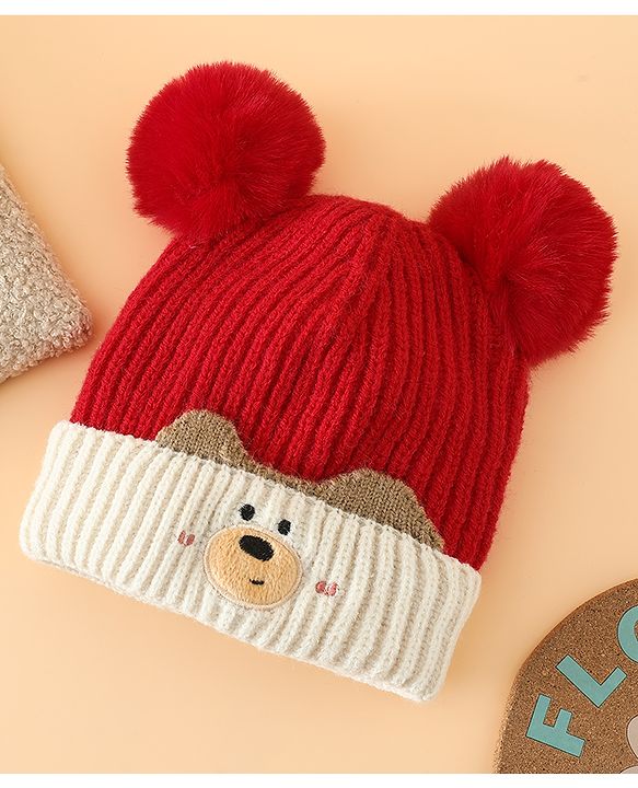 Babyhug Woollen Pom Pom Cap With Puppy Design Red - Diameter 11 cm