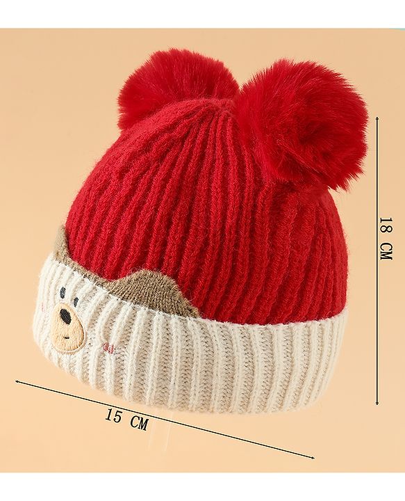 Babyhug Woollen Pom Pom Cap With Puppy Design Red - Diameter 11 cm