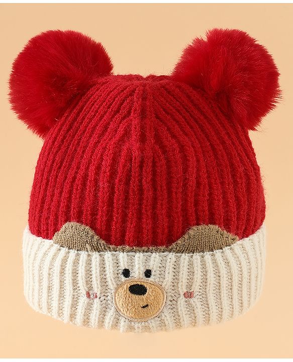 Babyhug Woollen Pom Pom Cap With Puppy Design Red - Diameter 11 cm